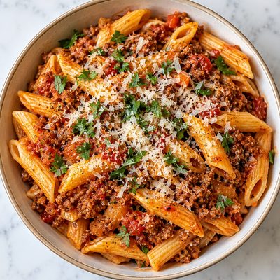 トマトと牛ひき肉のソースであえたペンネのボウル。すりおろしたチーズとパセリ添え