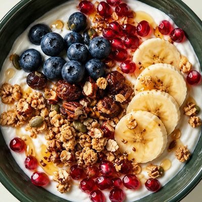 Una ciotola di yogurt con mirtilli, banana, melagrana, granola e frutta secca