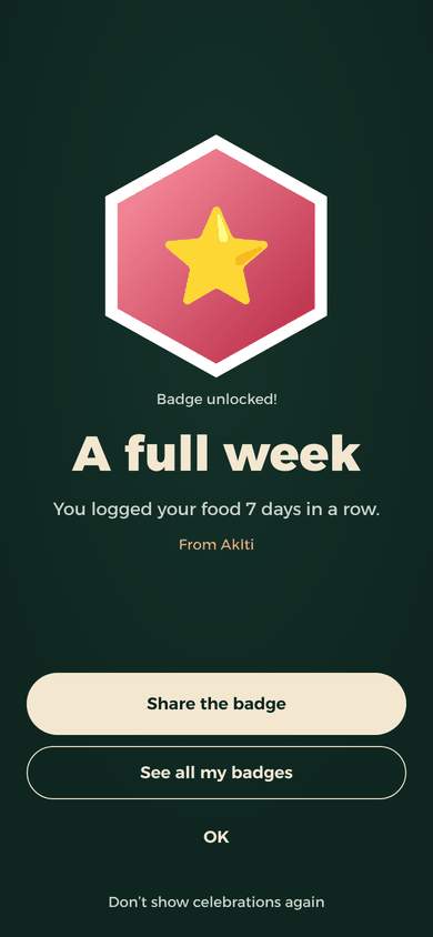 La celebrazione del badge “Una settimana intera”: hai registrato il tuo cibo per 7 giorni di fila, con un pulsante per condividere.