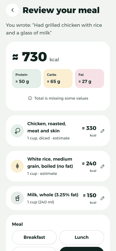 La schermata “Controlla il tuo pasto”: pollo arrosto con la pelle ≈ 330 kcal, riso bianco ≈ 240 kcal, latte intero ≈ 150 kcal, totale ≈ 730 kcal, con proteine ≈ 50 g, carboidrati ≈ 65 g e grassi ≈ 27 g.