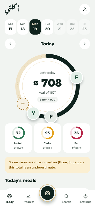 The “Today” screen: the goal ring with ≈ 708 of 1674 kcal left today, meal plates on its rim, and protein, carbs and fat below.